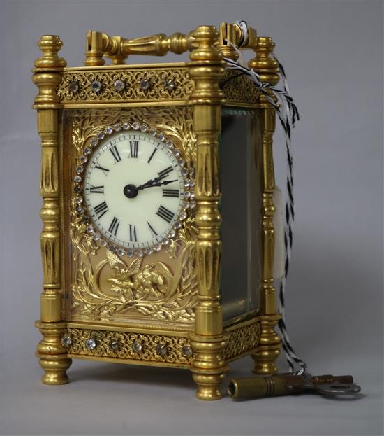 An Edwardian paste set lacquered brass carriage timepiece 13.5cm